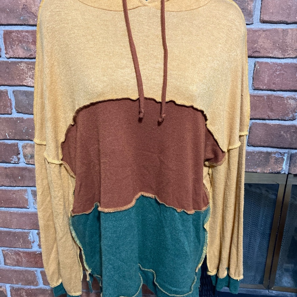 Stylish Colorblock Hoodie in Mustard, Brown, and Green
